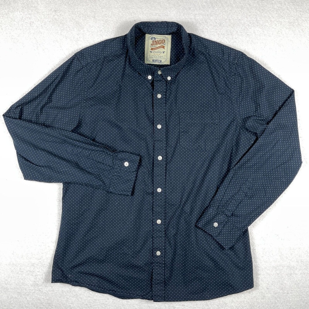 JNCO Button Down Shirt Mens XXL Navy Blue Polka Dot Long‎ Sleeve Cotton Skater